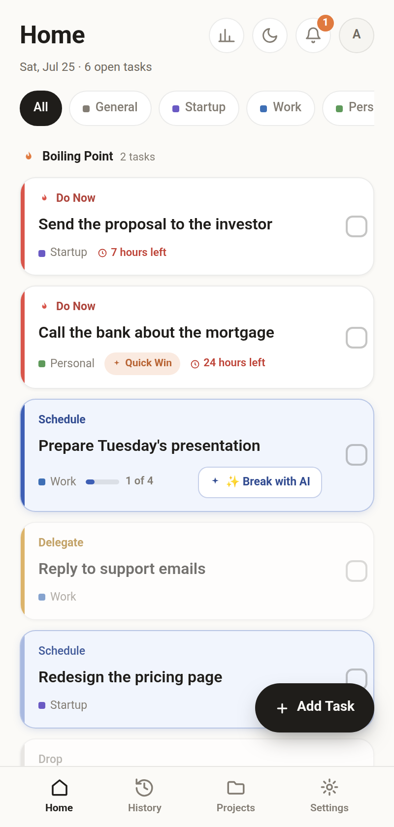 The Prism app feed on a phone, showing tasks grouped by Do Now, Schedule, Delegate and Drop with heat labels and a Boiling Point section